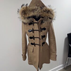 Burberry Blackwell wool duffle coat in camel with a fur trim.